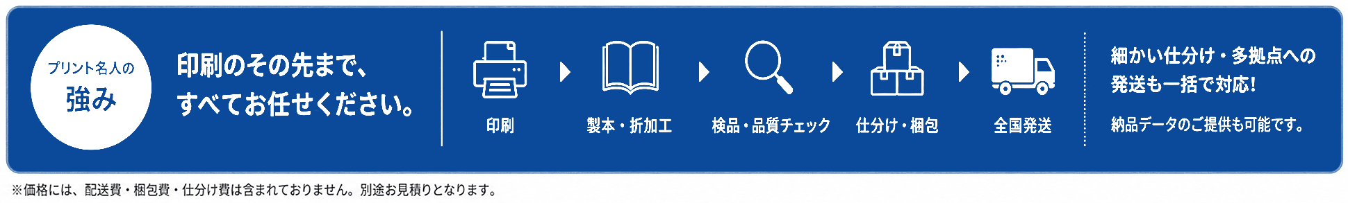 プリント名人の強み｜印刷のその先まで、すべてお任せください。印刷・製本・折加工・検品・仕分け・梱包・全国発送までワンストップ対応