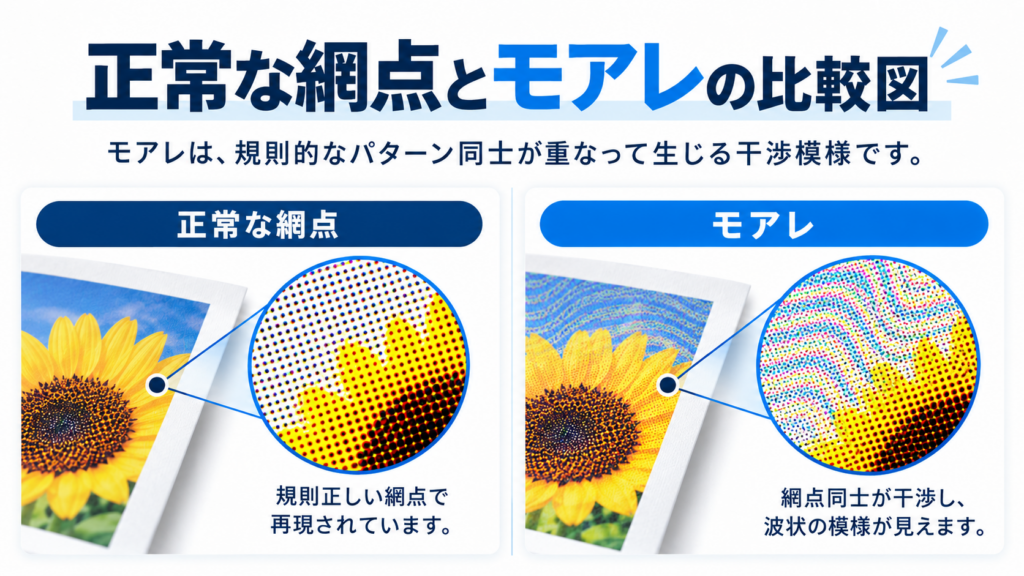正常な印刷網点と、網点の干渉によって発生したモアレを比較した図