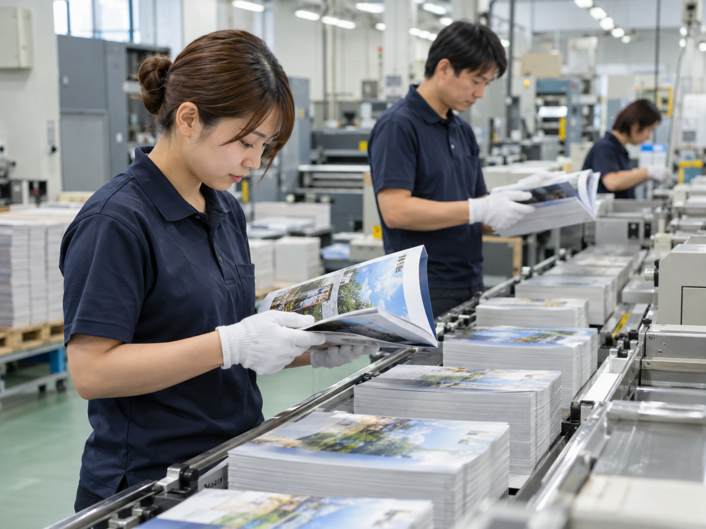 印刷後の冊子を製本・検品する工程
