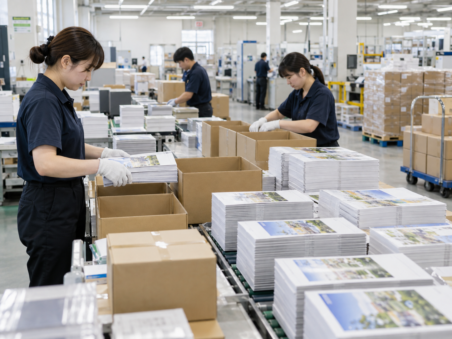 印刷物を仕分け・梱包して全国発送の準備をする工程