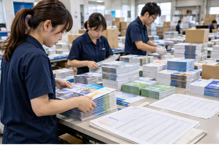 仕分け表を確認しながら冊子やチラシを配送先ごとに分類する作業イメージ