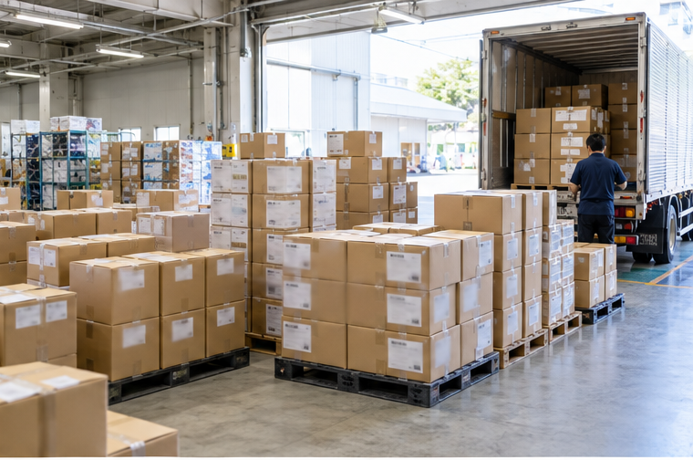 梱包した段ボールを工場の出荷場でトラックに積み込む作業イメージ