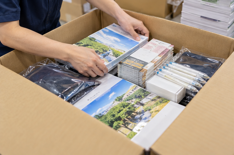 冊子やチラシなど複数の販促物を段ボールに同梱する作業イメージ