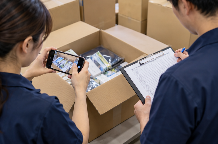 段ボールの梱包内容をスマートフォンで撮影して確認する作業イメージ