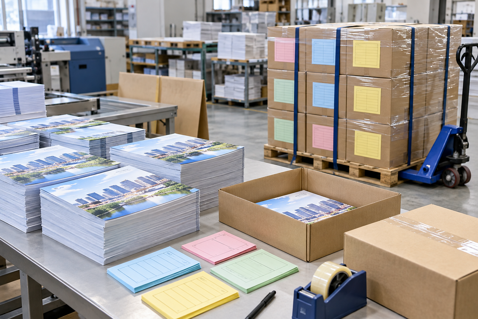 印刷物を仕分け・梱包し複数納品先へ発送する準備風景