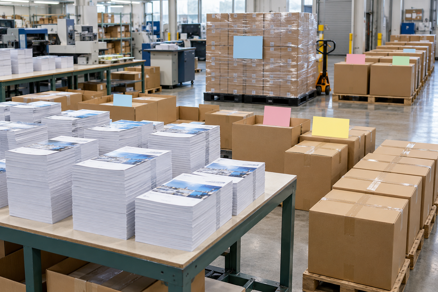 大ロット冊子を納品先ごとに仕分け・梱包する発送準備現場