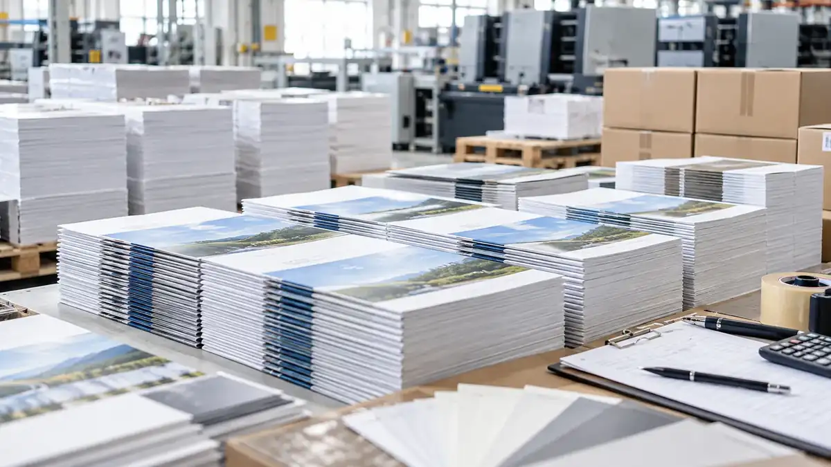 大ロットで印刷した冊子を整然と積み梱包準備する印刷現場