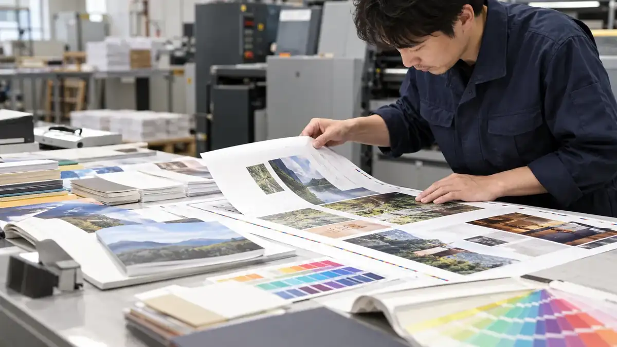 印刷現場で冊子の校正紙と色味を確認する様子