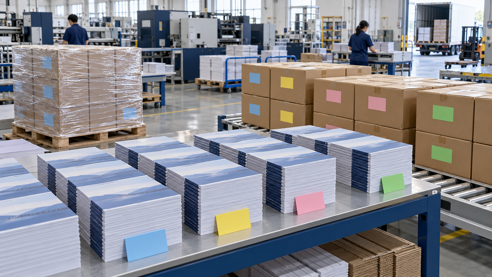 大ロット冊子を納品先別に仕分け梱包する発送準備