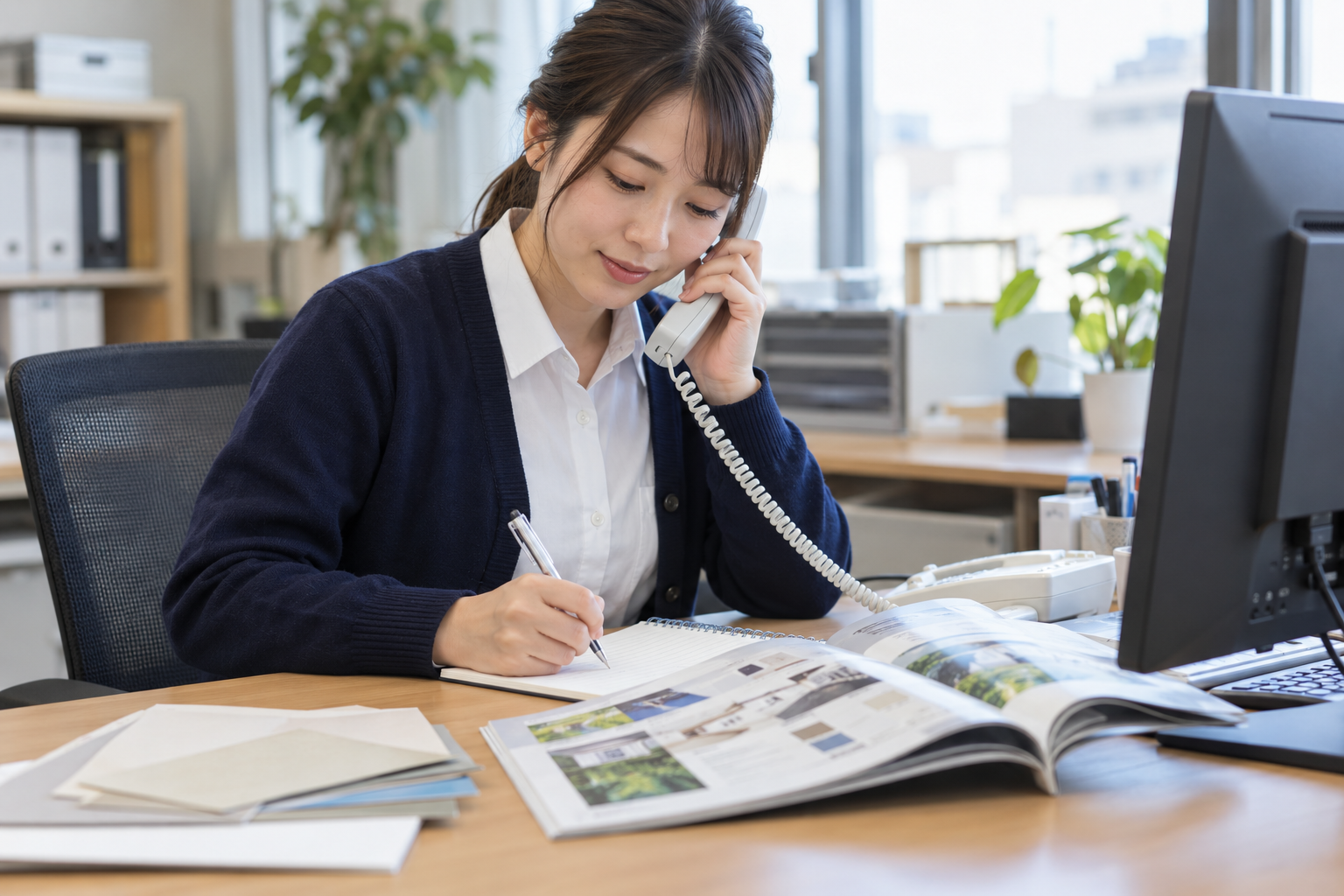 冊子サンプルを手元に置き、電話で印刷仕様を確認してメモを取る担当者のイメージ