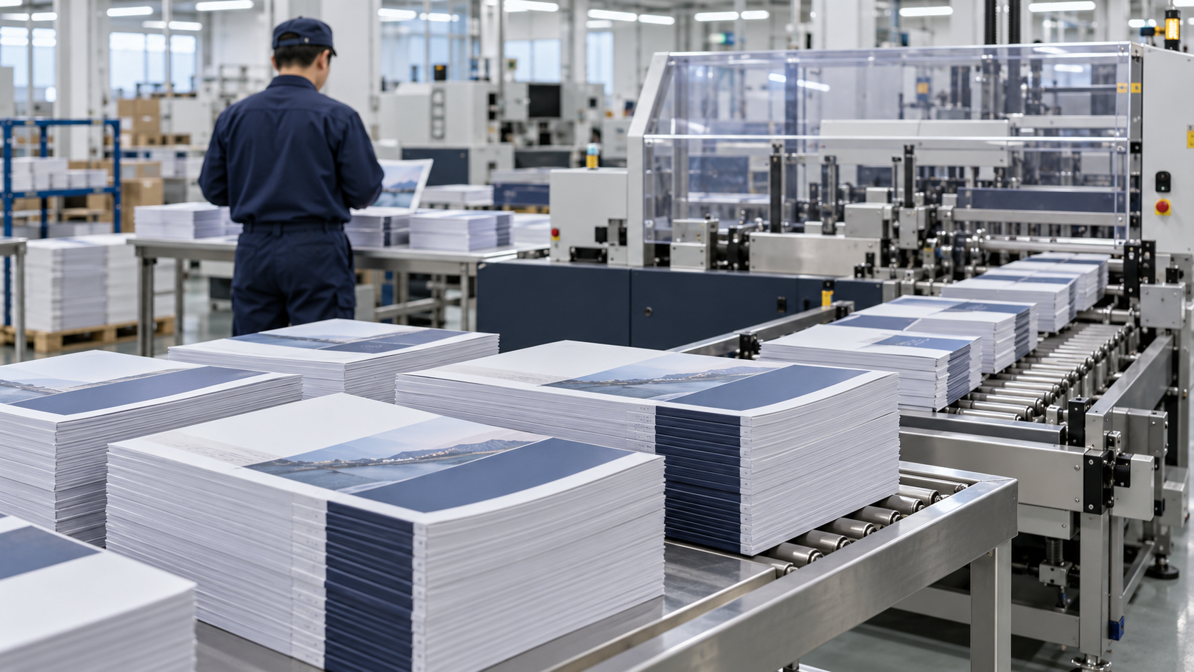 大ロット冊子を無線綴じ製本して品質確認する工程