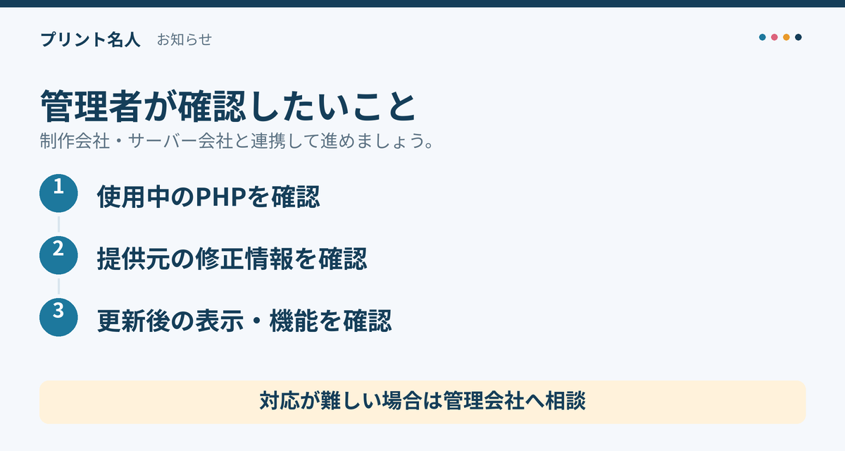 使用中のPHP、提供元の修正情報、更新後の表示・機能を確認。対応が難しい場合は管理会社へ相談。