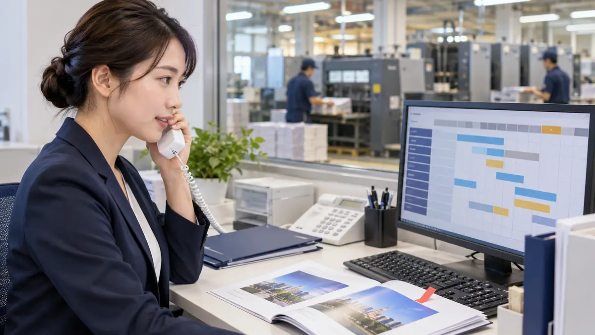 印刷データ変更について工場と連絡調整する担当者