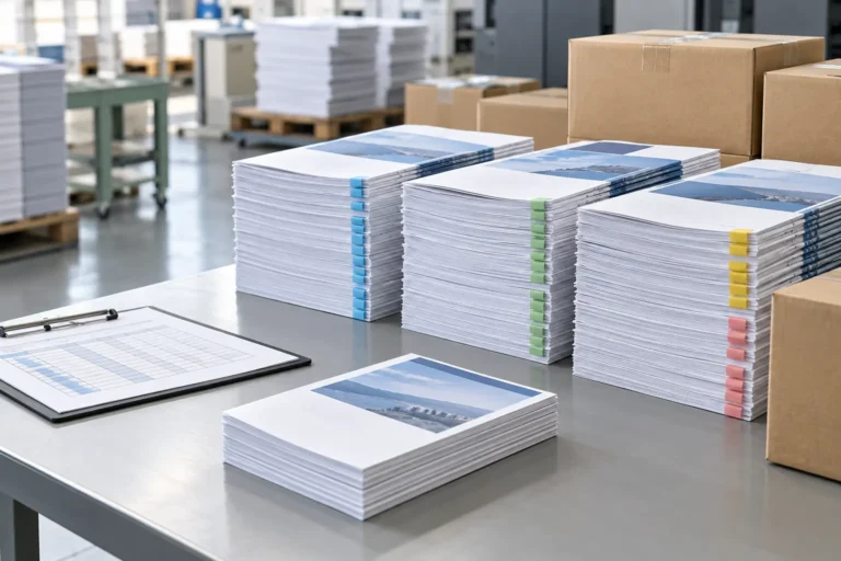 印刷の予備部数を考えながら大ロット冊子を納品先別に整理するイメージ
