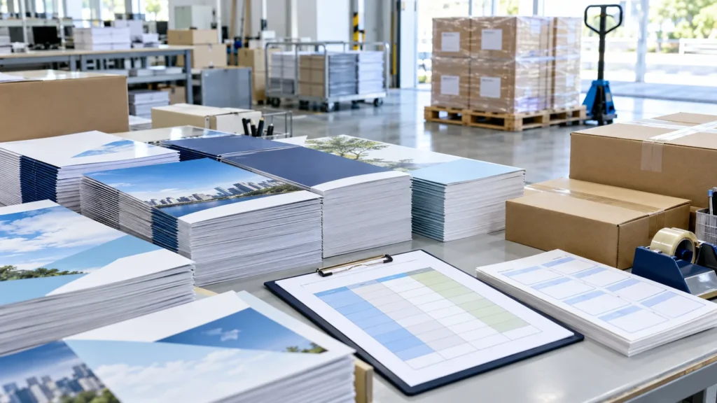 印刷物の分納指示書と冊子・梱包箱を並べた出荷準備イメージ