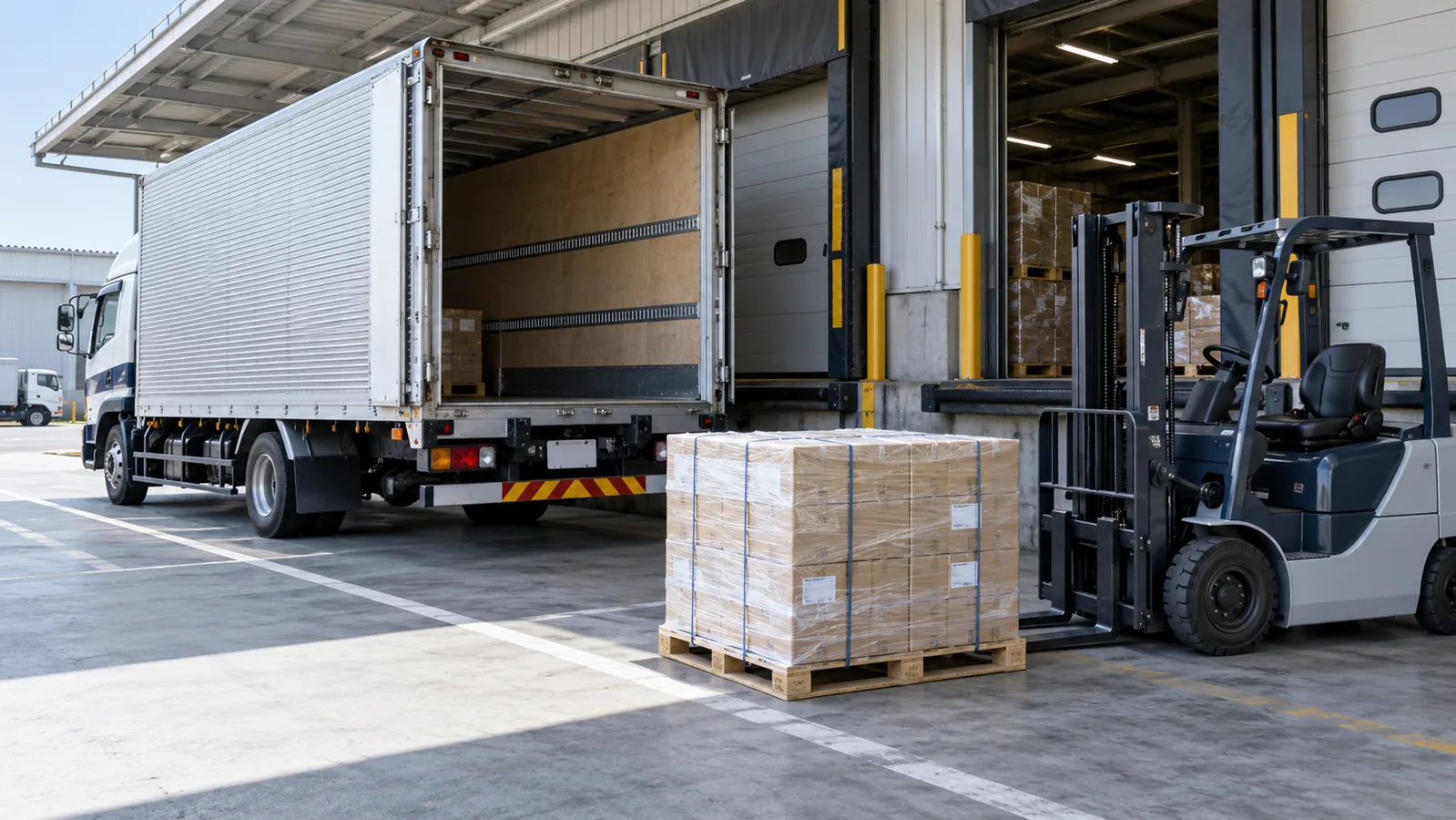 パレット配送の車両・荷受け条件 印刷物のパレットをトラックとフォークリフトで荷受けする搬入イメージ